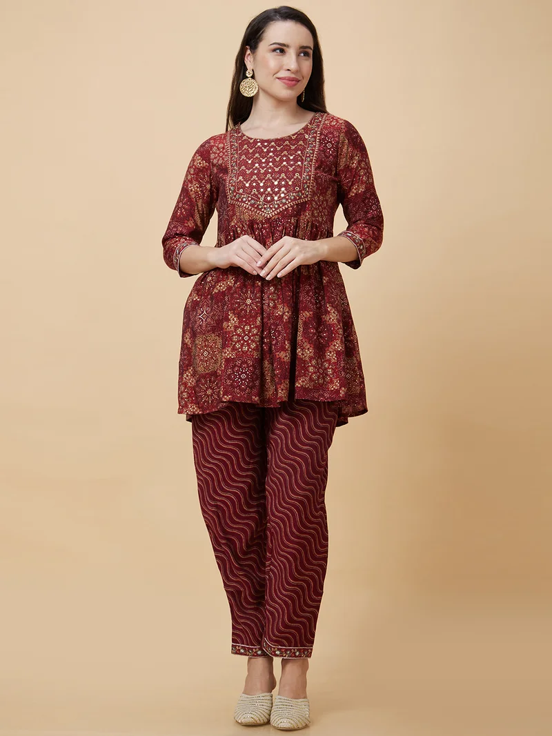globus Women Maroon Ethnic Motifs Printed Regular Thread Work A-Line Kurta With Trousers