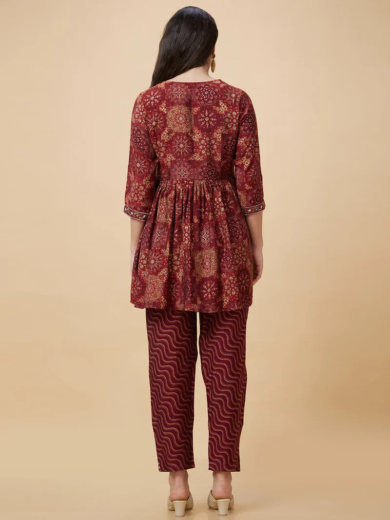 globus Women Maroon Ethnic Motifs Printed Regular Thread Work A-Line Kurta With Trousers