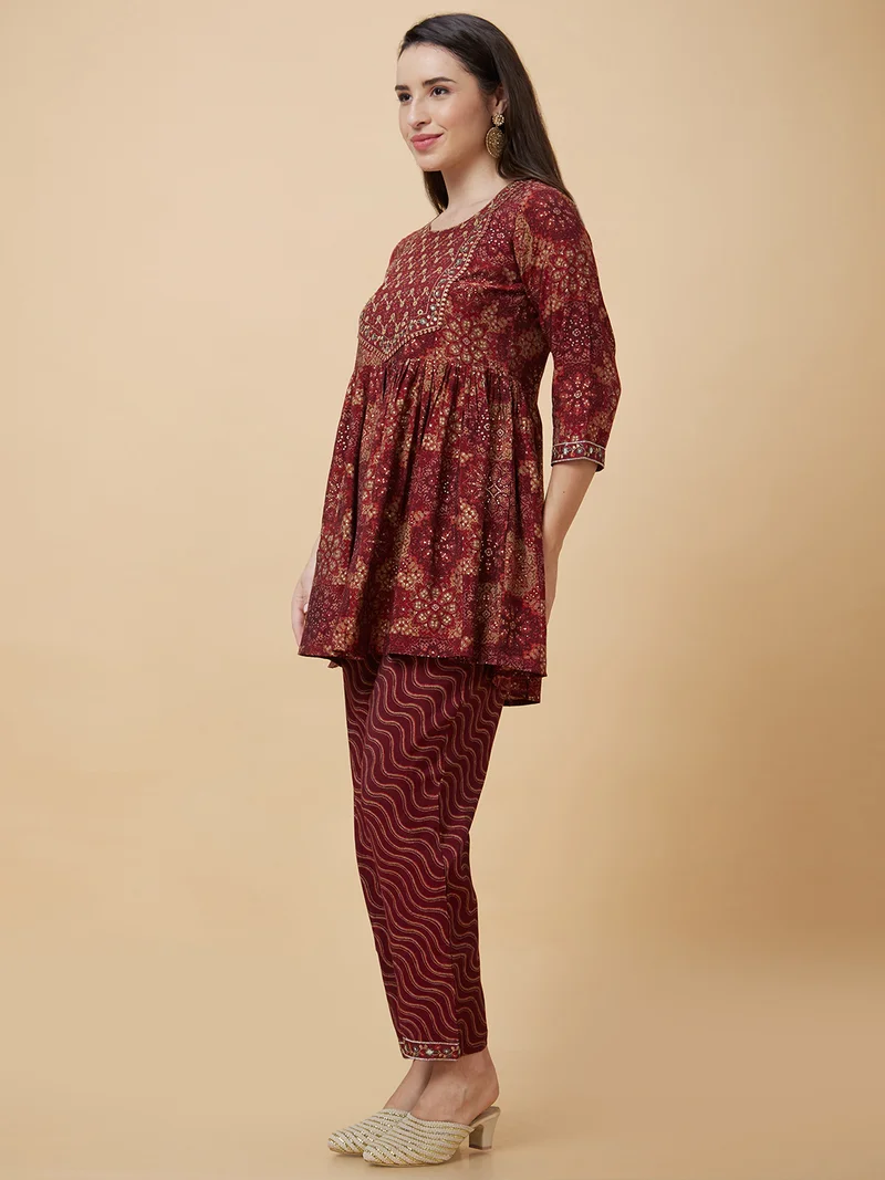globus Women Maroon Ethnic Motifs Printed Regular Thread Work A-Line Kurta With Trousers