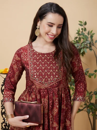 globus Women Maroon Ethnic Motifs Printed Regular Thread Work A-Line Kurta With Trousers