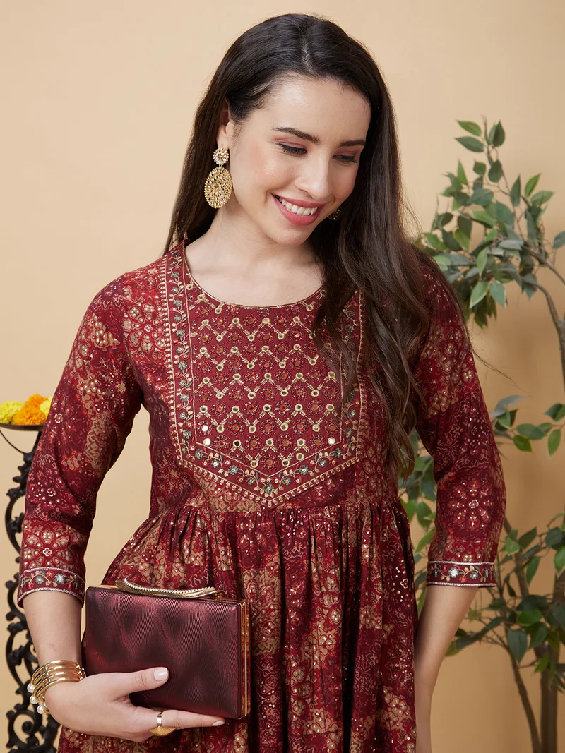 globus Women Maroon Ethnic Motifs Printed Regular Thread Work A-Line Kurta With Trousers