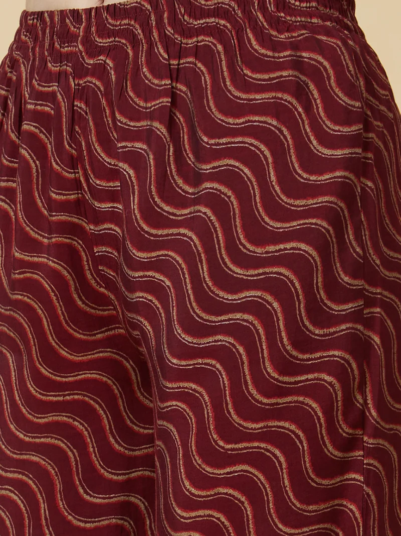 globus Women Maroon Ethnic Motifs Printed Regular Thread Work A-Line Kurta With Trousers