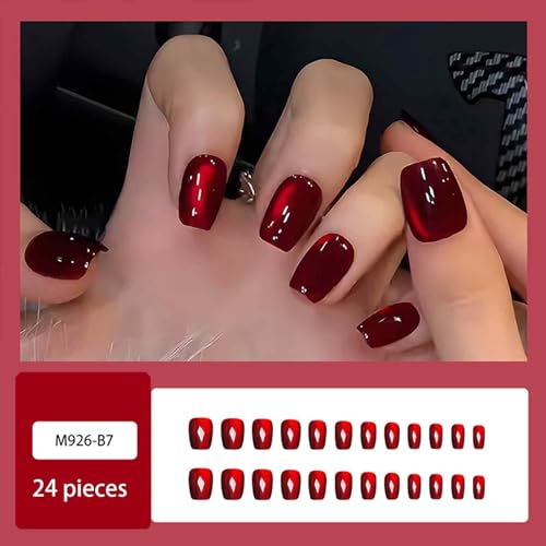 XFSAFDM 24PCS Cat Eye Press on Nails, Ruby Red Stick on Nails for Women, Short Square Artificial Nails for DIY Beauty, Nail Extensions Kit - Image 3