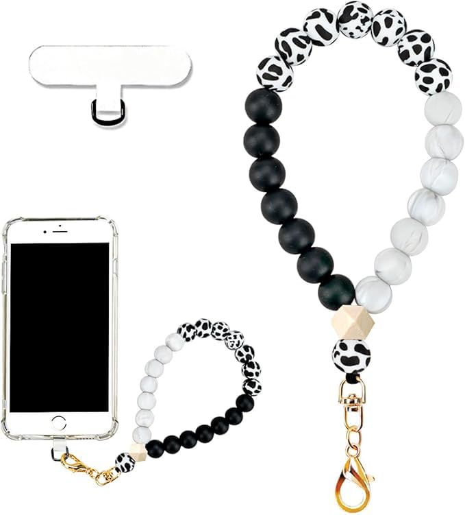 KHOLAD Marble Silicone Beaded Phone Wrist Strap, Cellphone Lanyard with Tether Tab, Elastic Hands-Free Wristlet Bracelet - Image 1