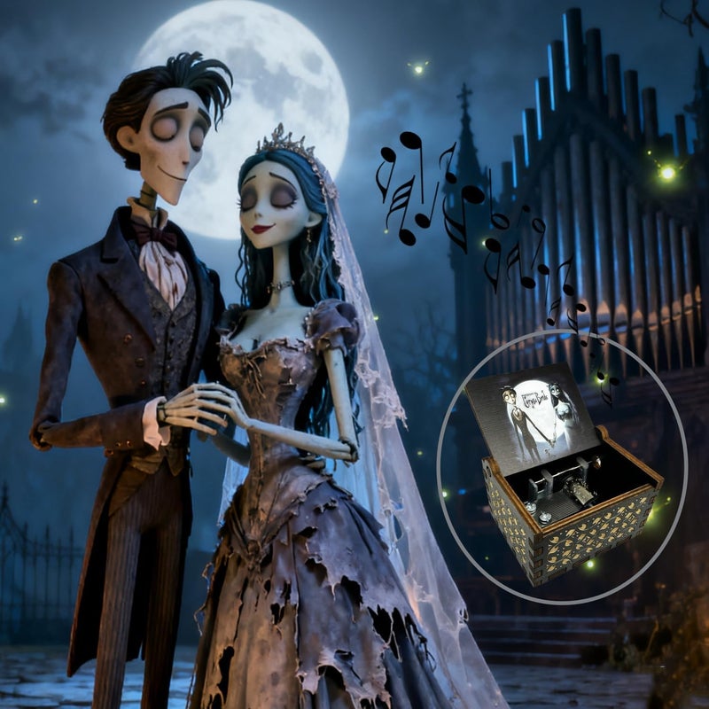 Teykst CorpseBride Wind up Wooden Music Box, Antique Wooden Case with Engraved Design, Decorative Collectible Gifts for Birthday,Valentine's Day, Halloween, Christmas (Wind-up Style) - Image 4
