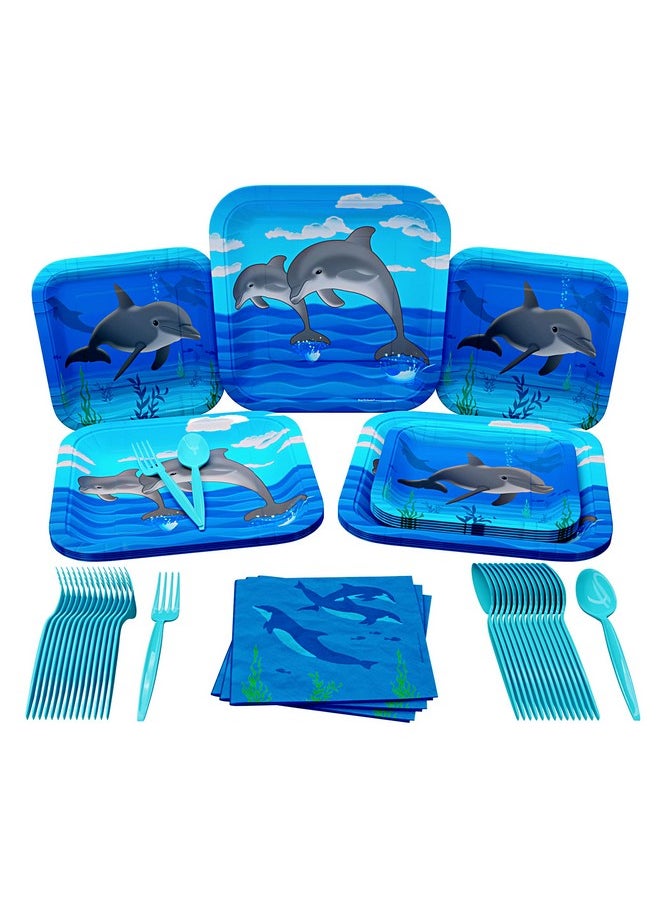 Blue Orchards - Dolphin Party Supplies Packs (100 Pieces For 16 Guests) Dolphin Party Supplies Ocean Themed Party Decorations Under The Sea Party Dolphin Party Underwater Party Blue Orchards - Image 1