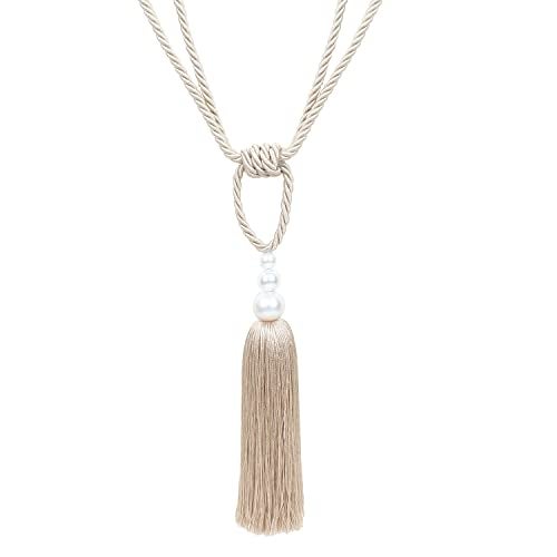 MALOINTEX 2 Pack Curtain Hand-Woven Tiebacks Pearl Holdbacks Home Decorative Tassels - Beige - Image 4