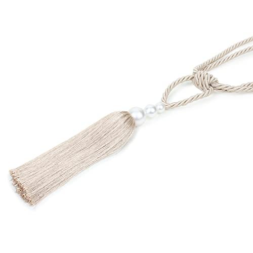 MALOINTEX 2 Pack Curtain Hand-Woven Tiebacks Pearl Holdbacks Home Decorative Tassels - Beige - Image 3