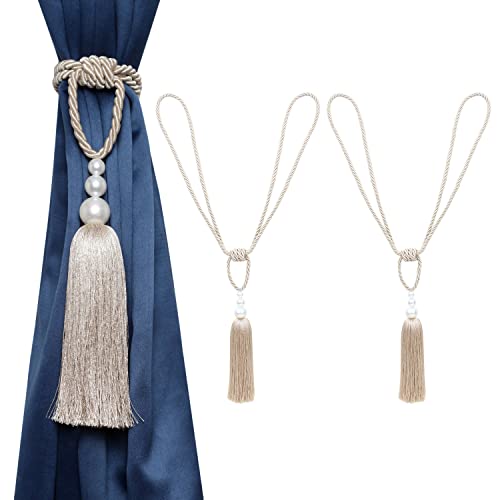 MALOINTEX 2 Pack Curtain Hand-Woven Tiebacks Pearl Holdbacks Home Decorative Tassels - Beige - Image 1