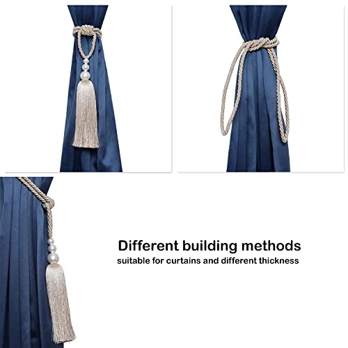 MALOINTEX 2 Pack Curtain Hand-Woven Tiebacks Pearl Holdbacks Home Decorative Tassels - Beige - Image 2