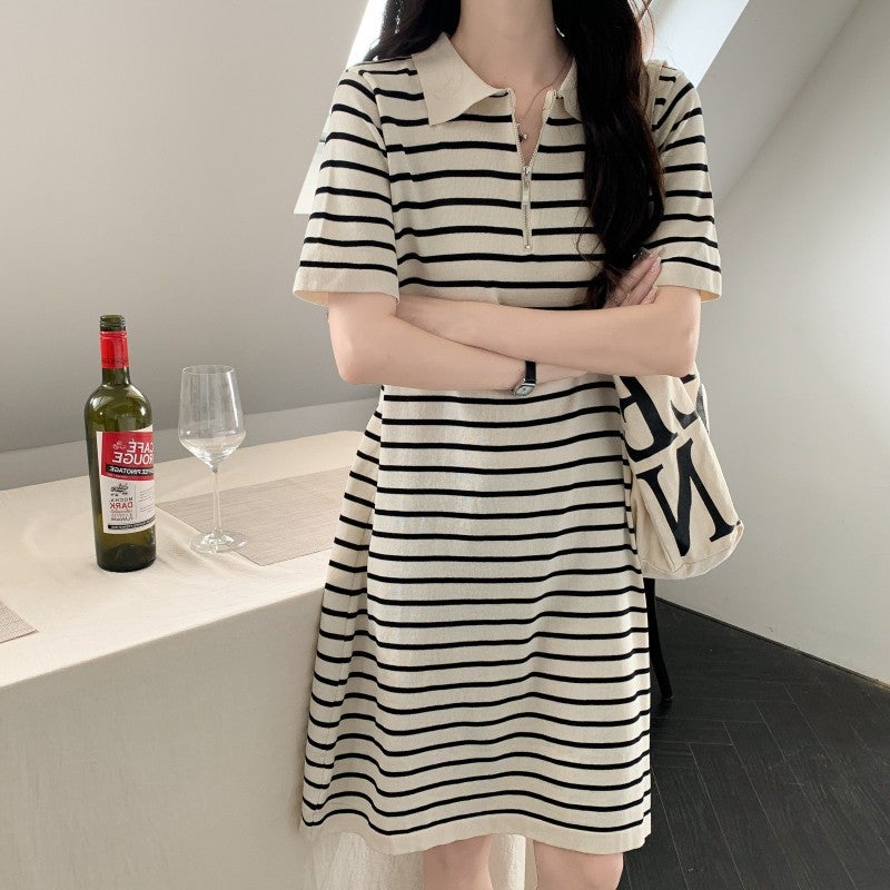 Dress Summer Women'S French Style This Year Popular Polo Collar Loose Striped All-Match Knitted Short Skirt Fashion - Image 2