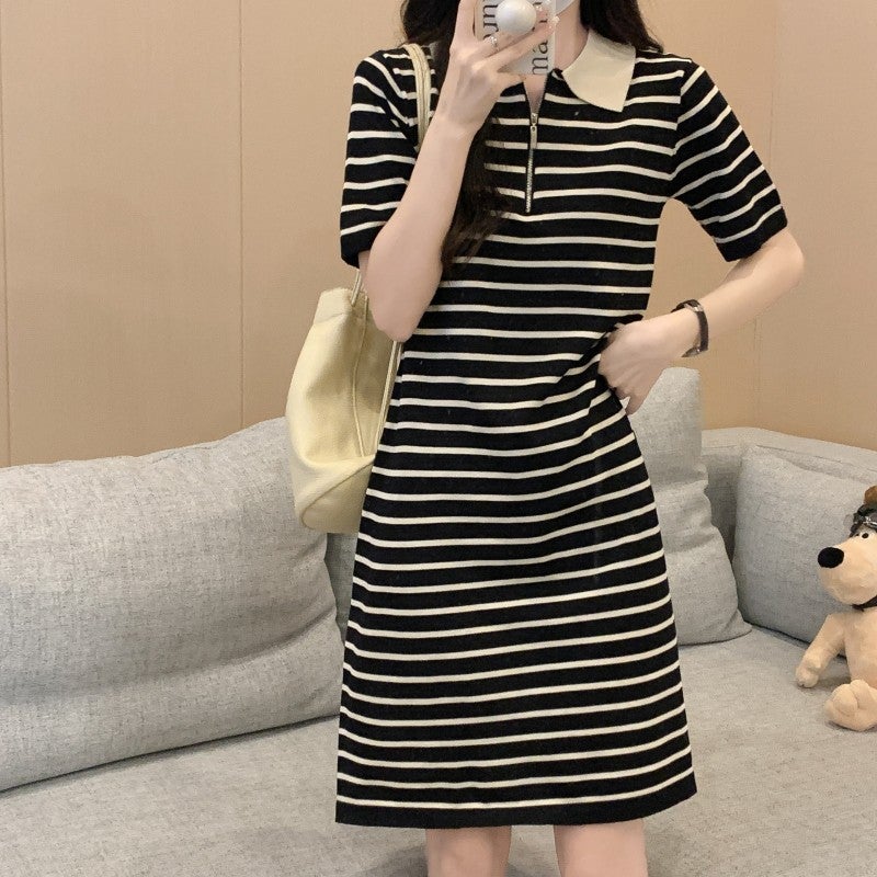 Dress Summer Women'S French Style This Year Popular Polo Collar Loose Striped All-Match Knitted Short Skirt Fashion - Image 3