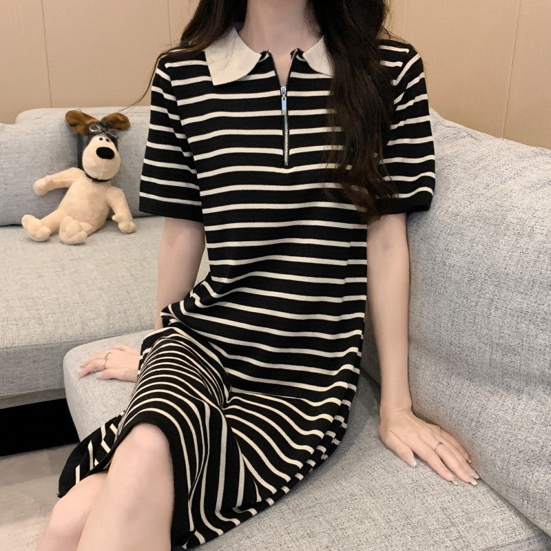 Dress Summer Women'S French Style This Year Popular Polo Collar Loose Striped All-Match Knitted Short Skirt Fashion - Image 5