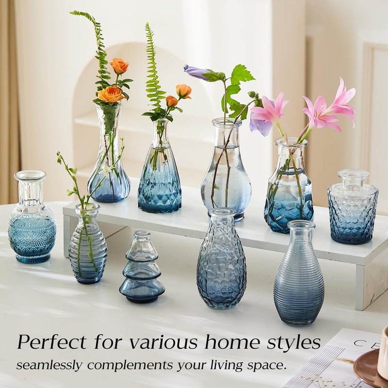 Ulodimi Glass Bud Vase Set of 20 - Small Vases for Flowers in Bulk - Assorted Vintage Crystal Vases for Flowers, Table Centerpieces (Blue, 20 Pcs) - Image 3