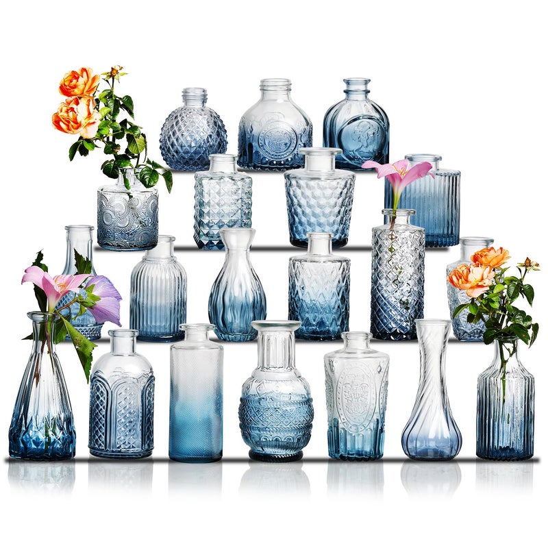Ulodimi Glass Bud Vase Set of 20 - Small Vases for Flowers in Bulk - Assorted Vintage Crystal Vases for Flowers, Table Centerpieces (Blue, 20 Pcs) - Image 1