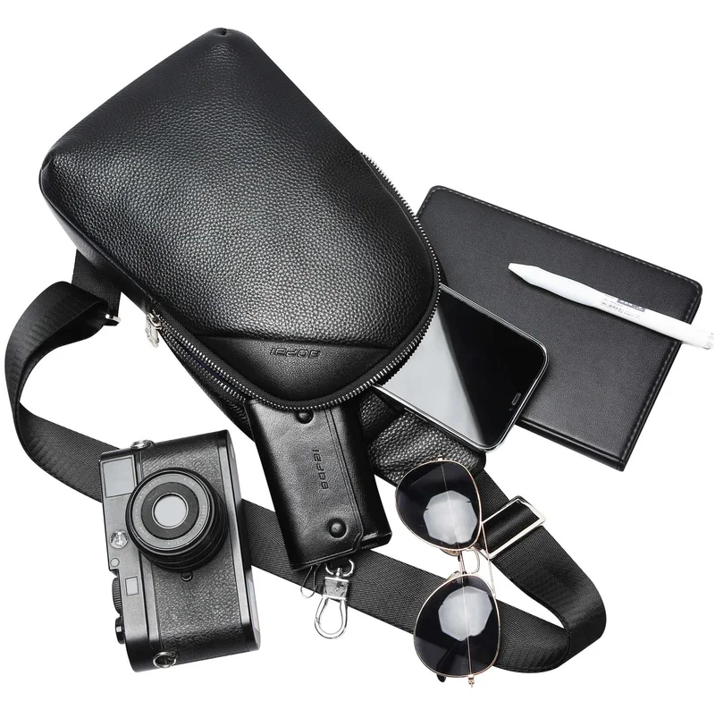 Bopai  Unisex Premium Side Sling Bag Water Resistant Cow Hide Leather Crossbody Bag for Travel Office Business Casual, BO-SL901, Black  | Best Price UAE