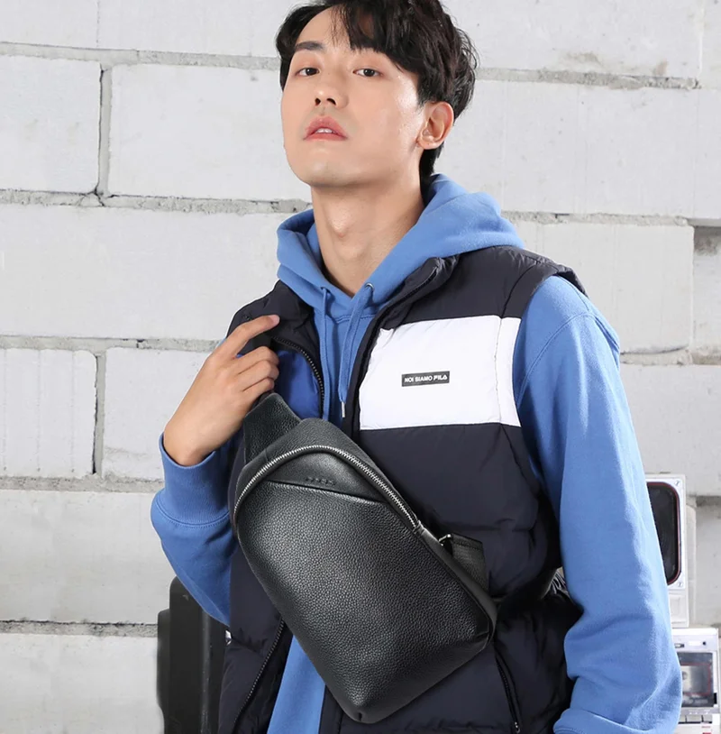 Bopai Unisex Premium Side Sling Bag Water Resistant Cow Hide Leather Crossbody Bag for Travel Office Business Casual, BO-SL901, Black