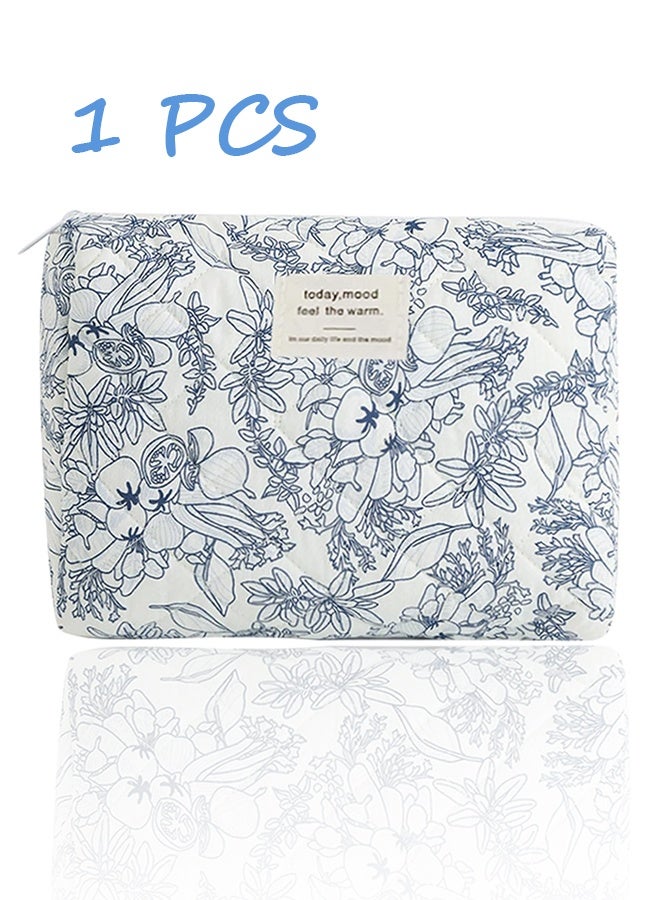 1Pcs Toiletry Portable Travel Cosmetic Bag, Cotton Floral Travel Makeup Bag, Case Toiletry Storage Beauty Makeup Accessory, Cosmetic Organizer for Women Girls (Navy Blue Flower) - Image 1
