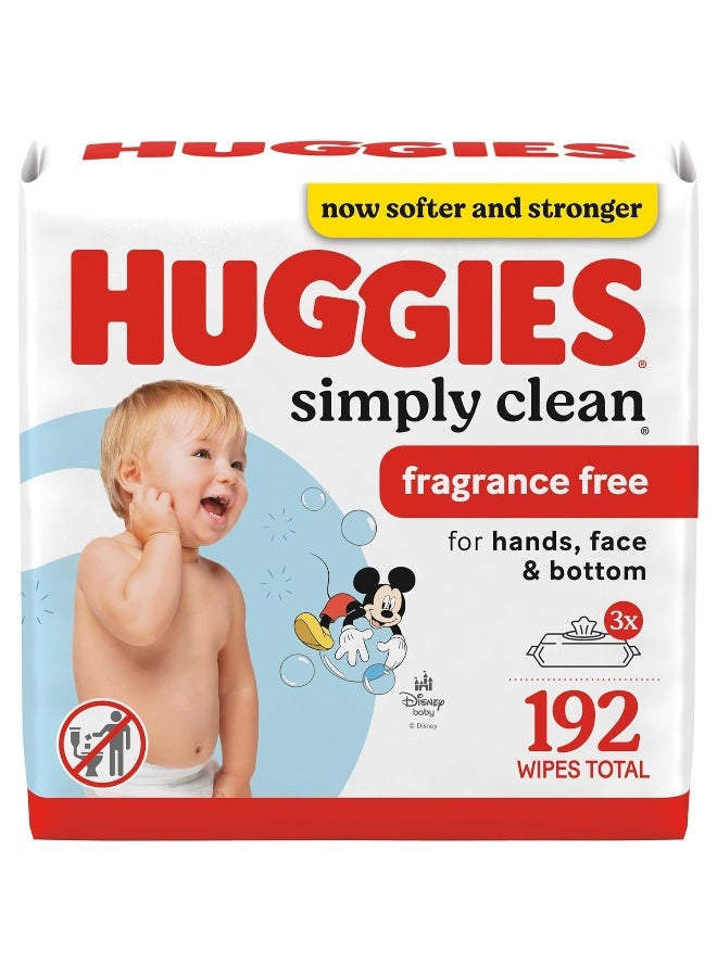 HUGGIES مناديل هاجيز ببساطة نظيفة للأطفال بدون رائحة، 3 عبوات قابلة للفتح (192 منديل إجمالي)، قد يختلف التغليف - Image 1