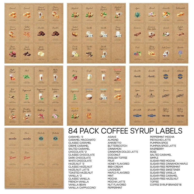 BIROYAL 84 Vintage Coffee Syrup Labels for Coffee Bar - Rustic Kraft Paper Syrup Labels for Syrup Dispenser & Bottle Organization - Classic Design DÃ©cor for Espresso Station, Home, Kitchen - Image 3