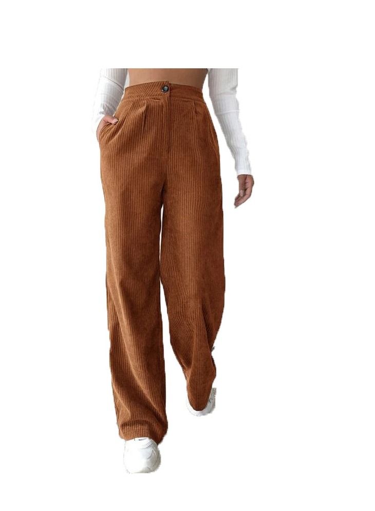 Loquat Women's Fashion New Solid Color Casual Corduroy High Waist Straight Pants 
