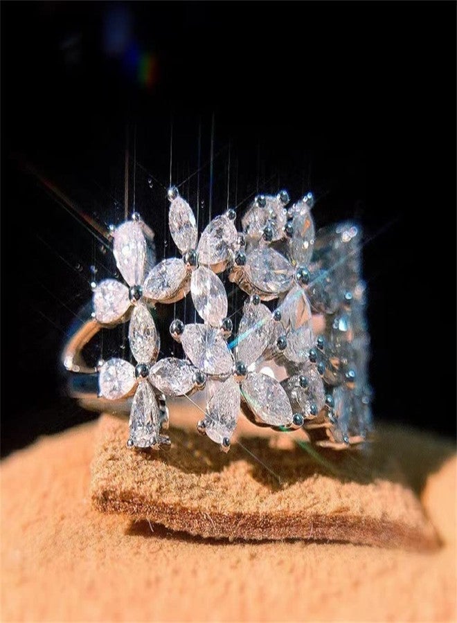 AZQ 925 Sterling Silver Shiny Full Diamond Ring 18K Gold Flower Cocktail Rings Teardrop Cubic Zirconia Promise Rings CZ Flower Diamond Ring Eternity Engagement Wedding Band Ring for Women Z.2 (US Code 9) - Image 3