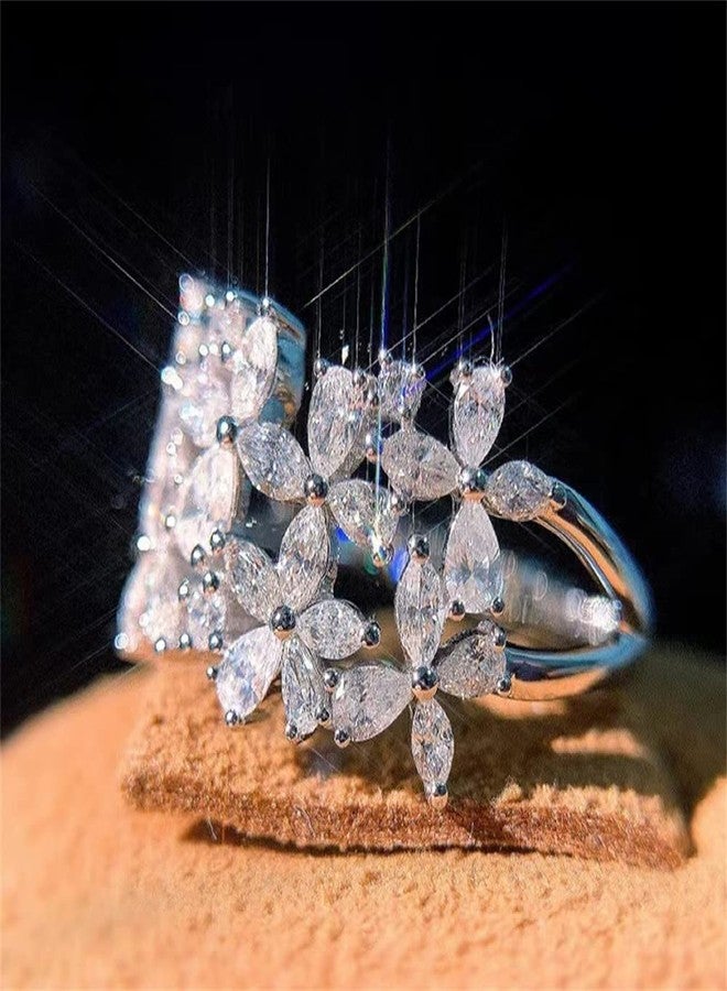 AZQ 925 Sterling Silver Shiny Full Diamond Ring 18K Gold Flower Cocktail Rings Teardrop Cubic Zirconia Promise Rings CZ Flower Diamond Ring Eternity Engagement Wedding Band Ring for Women Z.2 (US Code 9) - Image 2