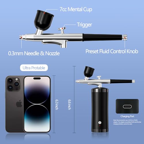 crpen Airbrush Kit With Compressor 48PSI Rechargeable High Pressure Air Brush Set Cordless Airbrush Kit with 0.3mm Nozzle for Painting,Nail Art, Cake Decor,Makeup,Modeling (Black) - Image 2
