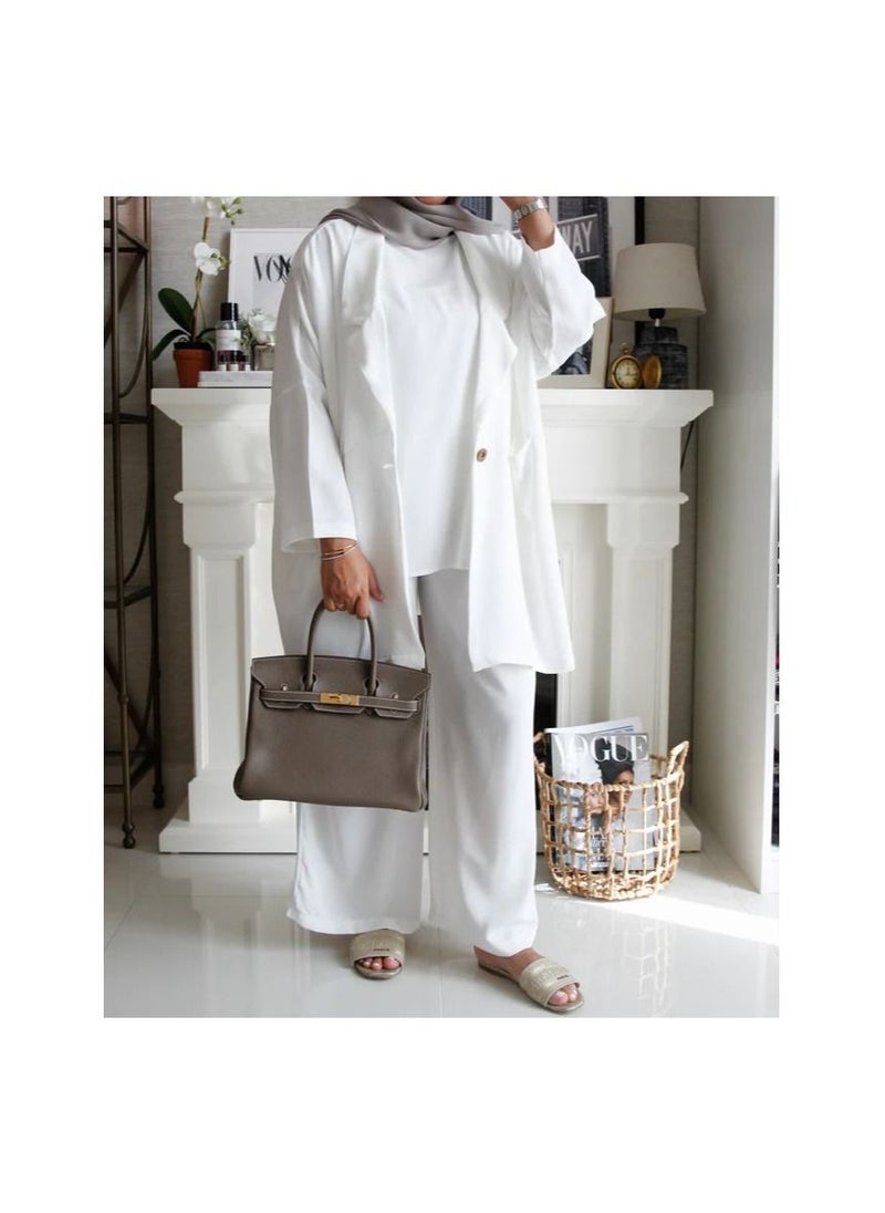 Jimmy Le Bond - Modern Hijab Fashioned Plain Open Cardigan, Tank Top & Pant Set - Image 1