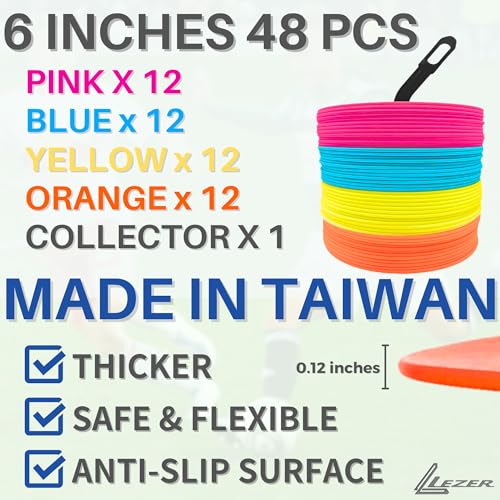 LEZER 6 Inch Flat Cones, Spot Markers, Soccer Cones, Field Court Markers, Sit Spots, Flat Discs, Soccer Training Equipment, Agility Practice, Football, Made in Taiwan, Set of 48 - Image 2