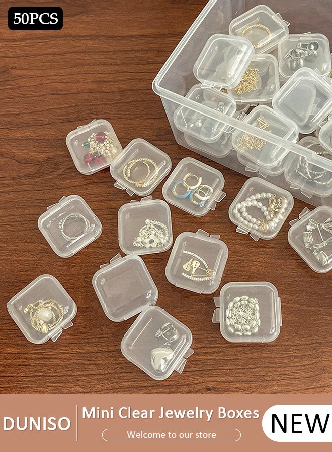 DUNISO 50 PCS Mini Clear Plastic Jewelry Boxes ,Square Small Beads Storage Containers with Hinged Lid ,Earplugs Storage Box,Earring Organizers Box for Collecting Small Items, Beads, Jewelry( 3.5*3.5*2cm) - Image 1
