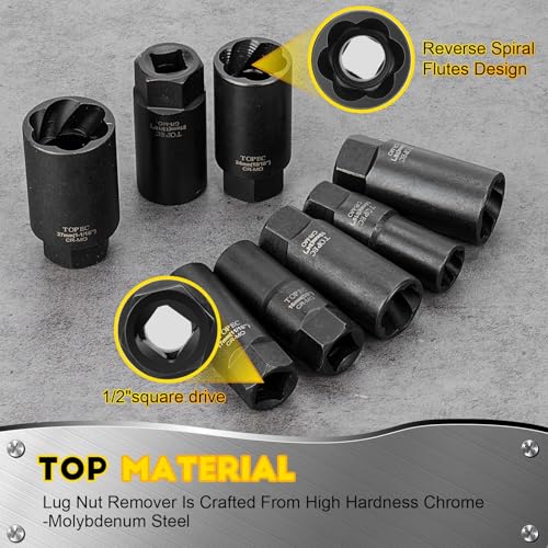 Topec 10PCS Deep Lug Nut Remover Heavy Duty, 1/2" Drive Impact Wheel Lock Removal Kit, Spiral Type Lug Nut Removal Tool for Removing Stripped, Broken, Damaged, Rounded Bolts, Nuts & Screws - Image 5