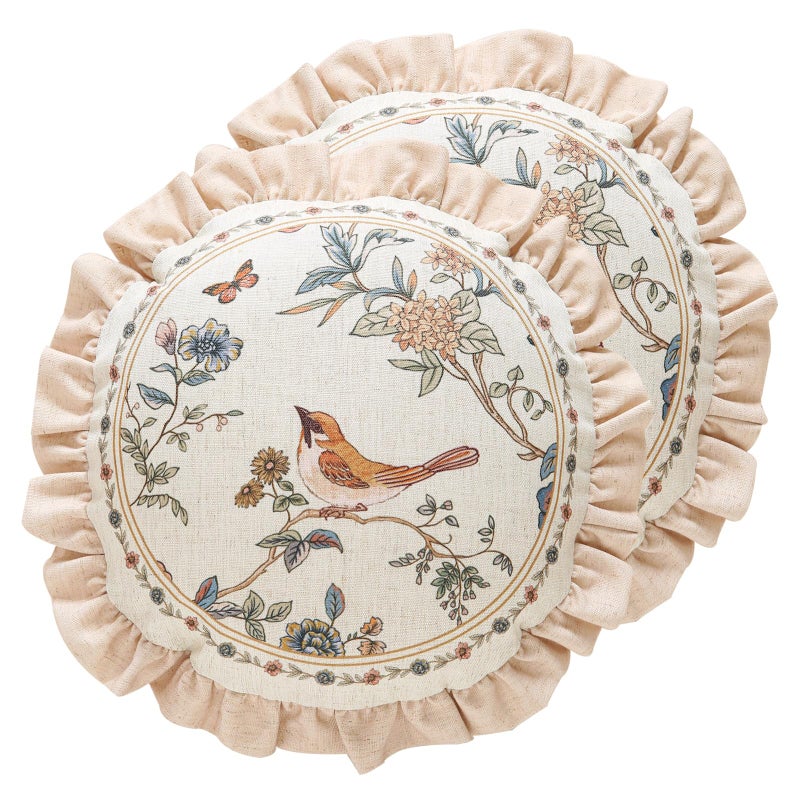 ISAENNE Design Round Floral Bird Linen Throw Pillow Covers Diameter 16 Pack of 2 Yellow Pink Cushion Covers with Flower Chinese Hwamei Decor Pillowcases for BedLiving RoomOutdoorCar - Image 2