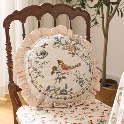 ISAENNE Design Round Floral Bird Linen Throw Pillow Covers Diameter 16 Pack of 2 Yellow Pink Cushion Covers with Flower Chinese Hwamei Decor Pillowcases for BedLiving RoomOutdoorCar - Image 3