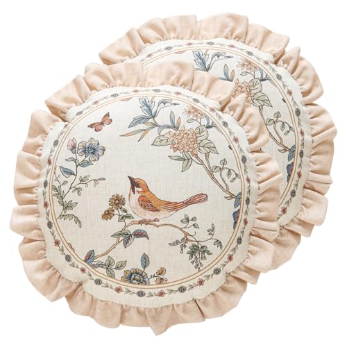 ISAENNE Design Round Floral Bird Linen Throw Pillow Covers Diameter 16 Pack of 2 Yellow Pink Cushion Covers with Flower Chinese Hwamei Decor Pillowcases for BedLiving RoomOutdoorCar - Image 1