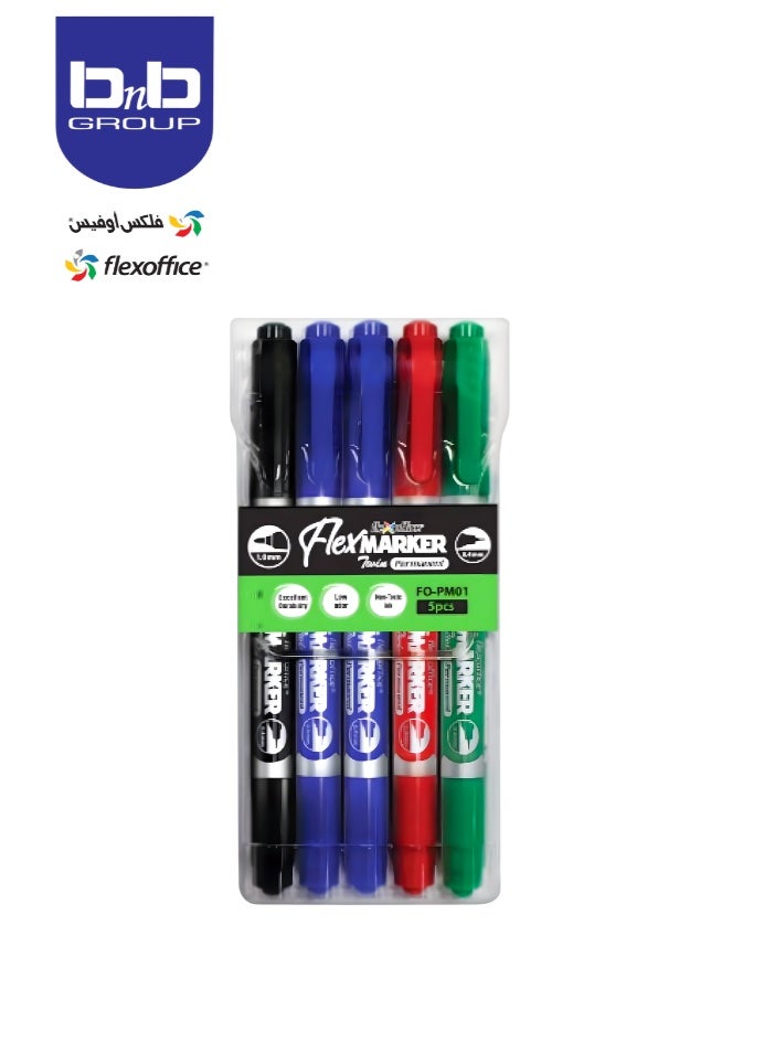 FLEXOFFICE Permanent Twin CD Marker  Assorted, 5 pcs/ 1.0/0.4 mm Point Size - Image 1