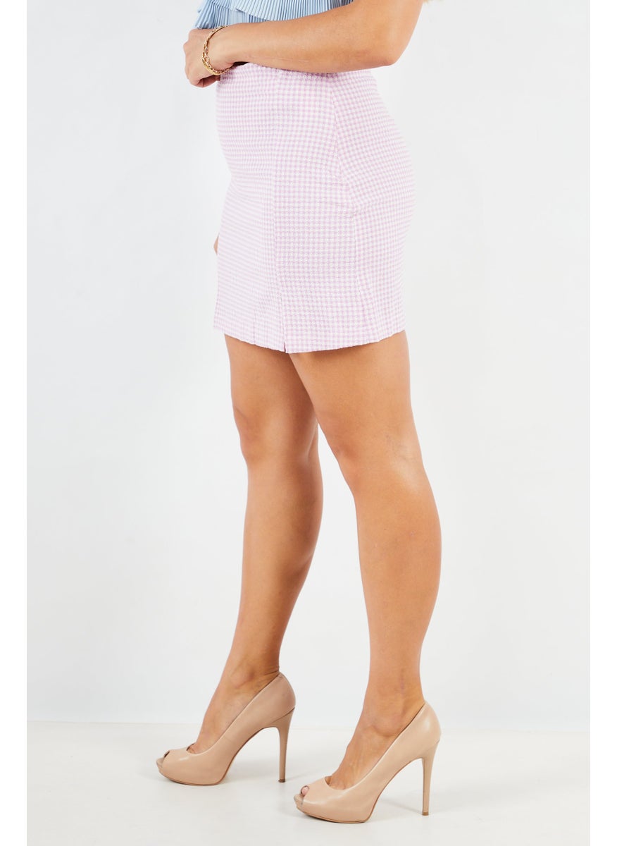 Stradivarius - Women Gingham Mini Skirt, Lilac - Image 1