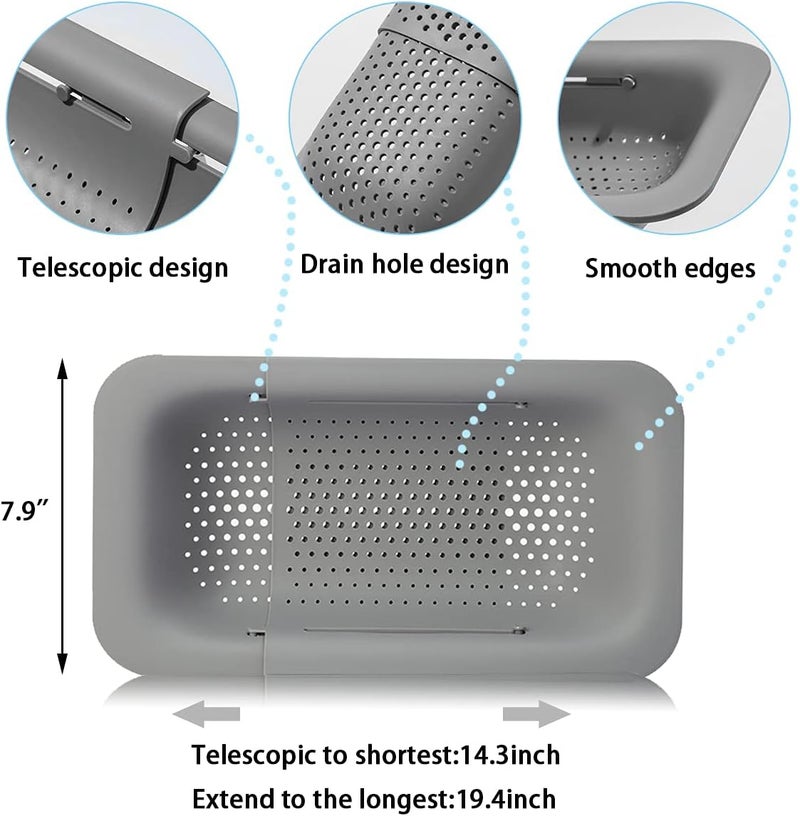 KesaPlan Collapsible Sink Colanders and Strainers Basket Over the Sink Colander Collapsible Colander Extendable Plastic Fruit Vegetable Strainer Drainer Basket for Kitchen (Length 14.3 inch-19.4 inch) (Gray) - Image 4