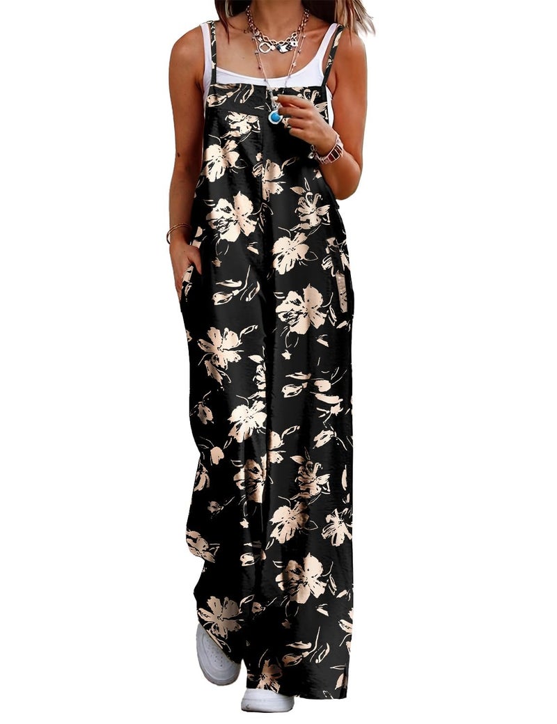YESNO Women's Summer Boho Cotton Casual Jumpsuits Wide Leg Overalls Floral Print Baggy Rompers with Pockets XL PZZCR 346 - Image 1