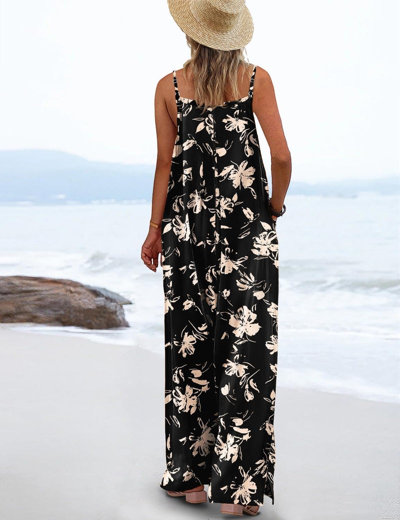 YESNO Women's Summer Boho Cotton Casual Jumpsuits Wide Leg Overalls Floral Print Baggy Rompers with Pockets XL PZZCR 346 - Image 3