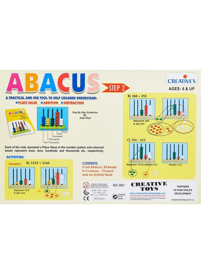 Creative's Creative's Abacus Step-2 | Practical and Fun Way to Learn Place Value, Addition, Subtraction | Learning & Educational | 5 Rod Abacus & 50 Beads in 5 Colours | Activity Book Included | Ages 5 & up - Image 4