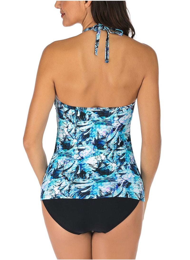 Loquat - Colorful flowers printed high waist swimsuit split type halterneck swimsuit lady bikini - Image 1