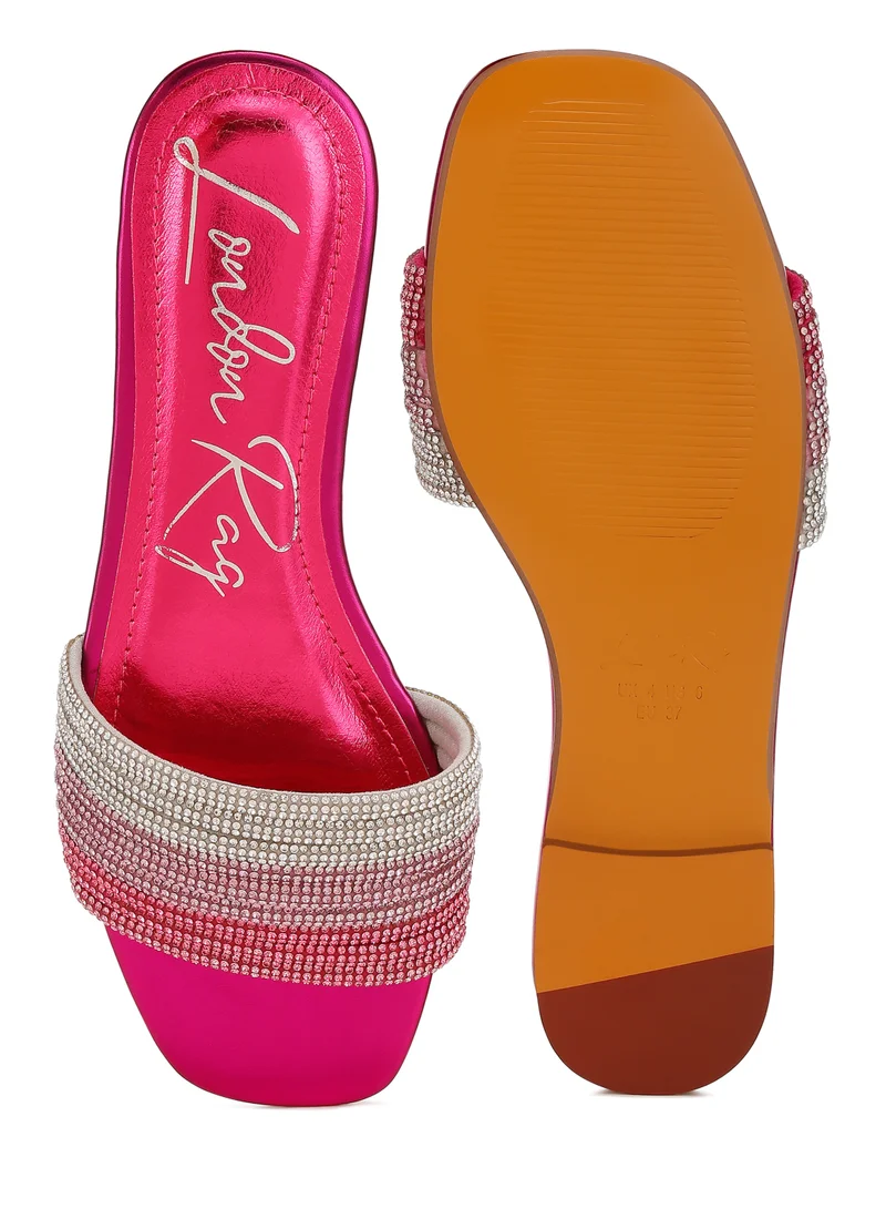 London Rag Rhinestone Strap Slip On Flats in Fuchsia