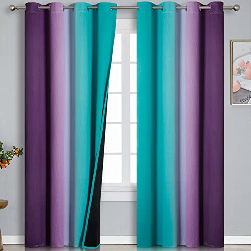 Estelar Textiler Teal Blackout Curtains 84 Inches Long, Ombre Purple Blackout Curtains for Bedroom, Grommet Thermal Insulated Gradient Drapes, Full Light Blocking Curtains for Kids Room,52x84 Inch, 2 Panels - Image 1