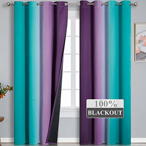 Estelar Textiler Teal Blackout Curtains 84 Inches Long, Ombre Purple Blackout Curtains for Bedroom, Grommet Thermal Insulated Gradient Drapes, Full Light Blocking Curtains for Kids Room,52x84 Inch, 2 Panels - Image 2