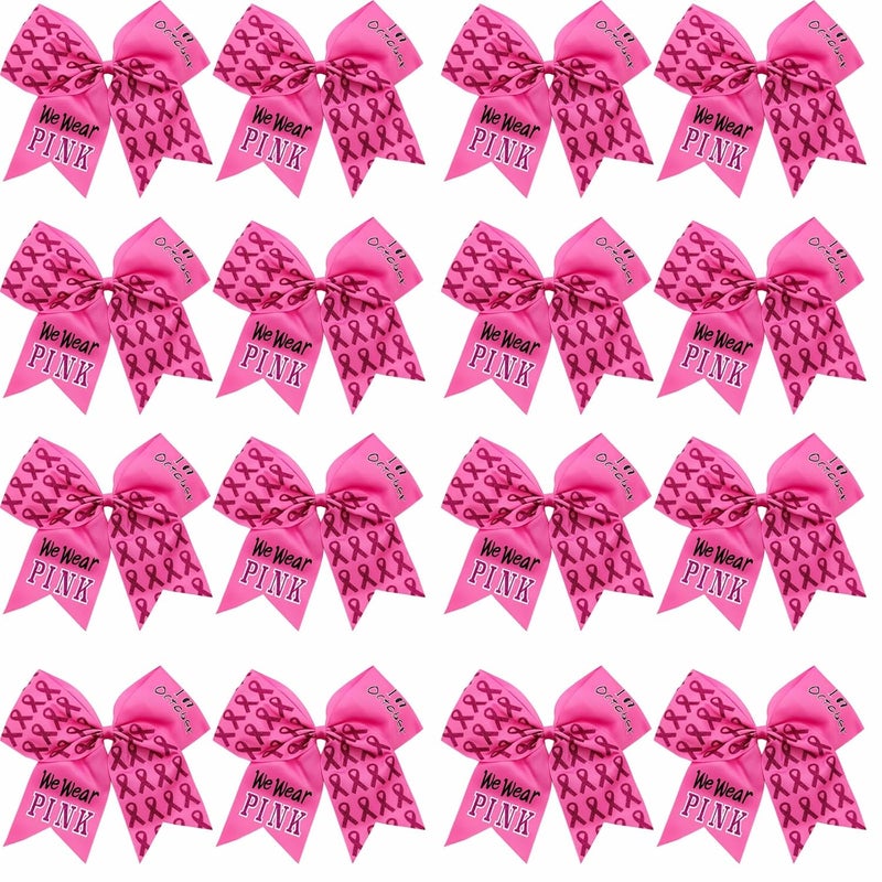 16 Pieces 7 Inch Breast Cancer Awareness Cheer Hair Bows Ponytail Holder Large Glitter Pink Ribbon Hair Bows Accessories Elastic Band Handmade for Teens Women