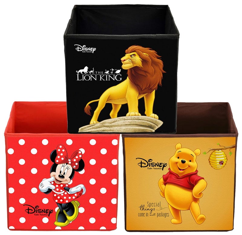 Kuber Industries Disney Print Non Woven Fabric 3 Pieces Foldable Large Size Storage Cube Toy,Books,Shoes Storage Box with Handle (Black,Red & Brown) - Image 1