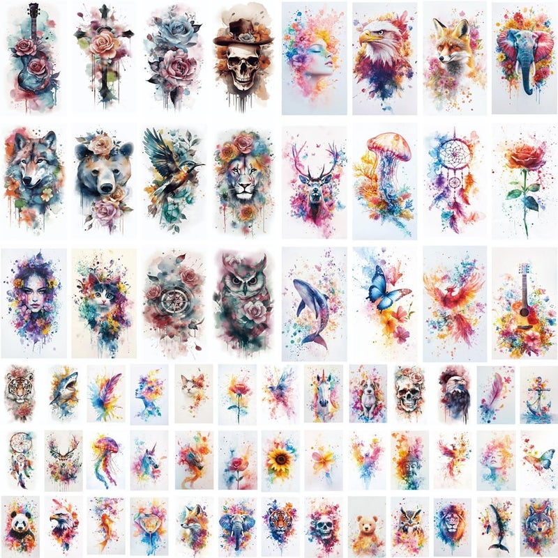 XMASIR Temporary Tattoo Stickers 64 Sheets Large Arm Watercolor Fake Tattoos Waterproof Animals Flower Realistic 3D Roses Birds Floral Butterfly Wolf Body Art Stickers for Women and Man
