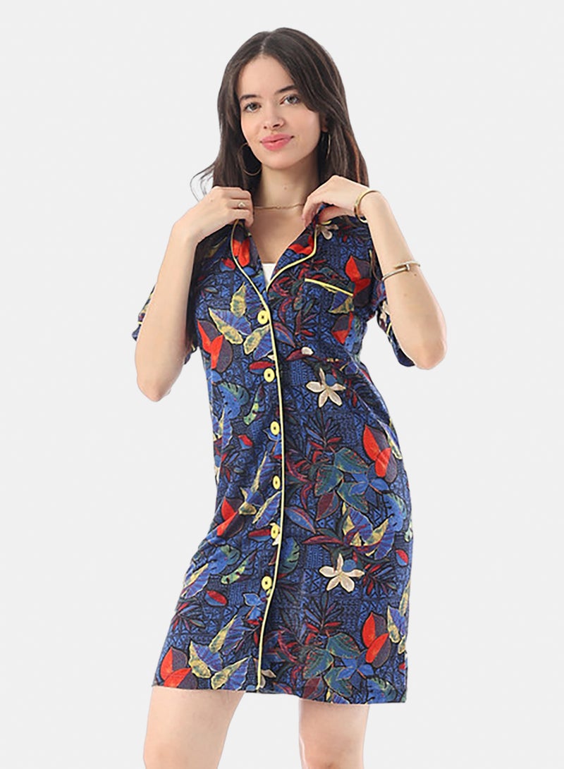 Andora Self Pattern Buttons Closure Sleepshirt - Blue, Red, and Yellow - Image 1