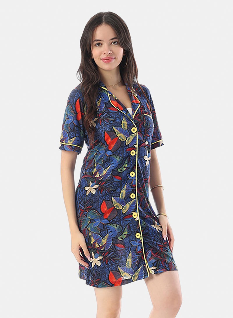 Andora Self Pattern Buttons Closure Sleepshirt - Blue, Red, and Yellow - Image 3